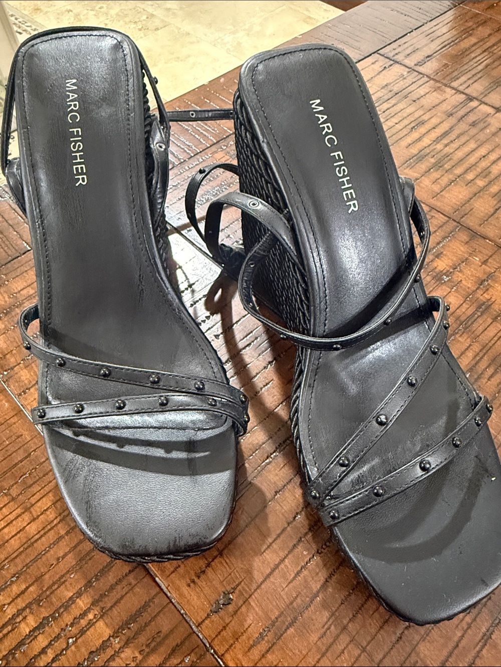 Marc Fisher Black Studded Wedge Sandals with Strappy Detail